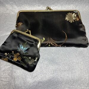 Vintage‎ 80s Chinese Silk Brocade Clutch Purse Embroidered & Coin Purse